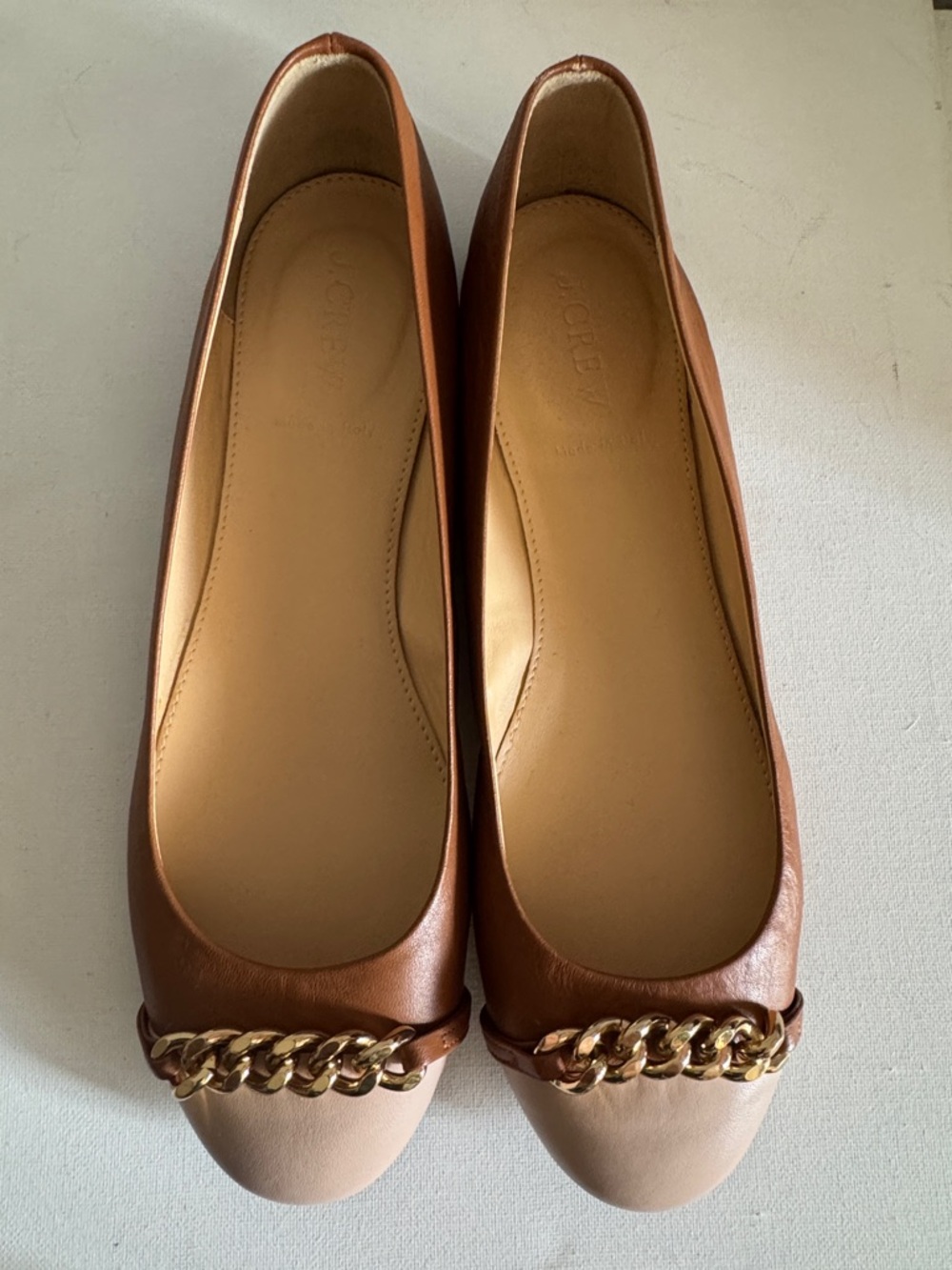 J. Crew Brown and Beige Leather Chain Ballet Flats